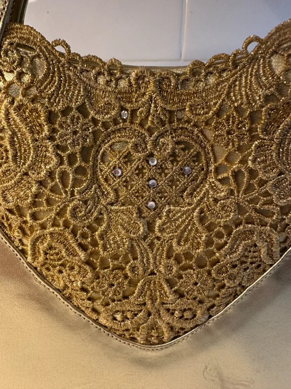 Stuart Weitzman Vintage Metallic Gold Patent Leather and Lace Evening Bag RARE